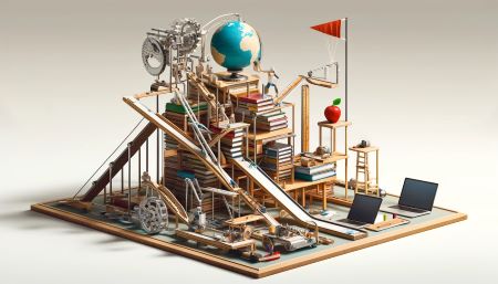 Jahia_teaching is complex like a Rube Goldberg machine Dall_E 19April2024.jpg